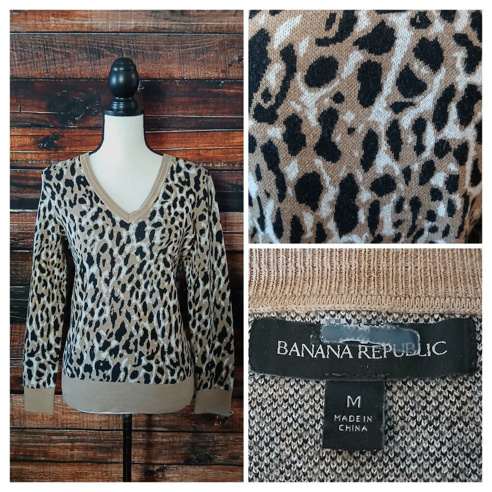 Banana Republic Sweater M Warm Leopard Print Merino Wool Blend